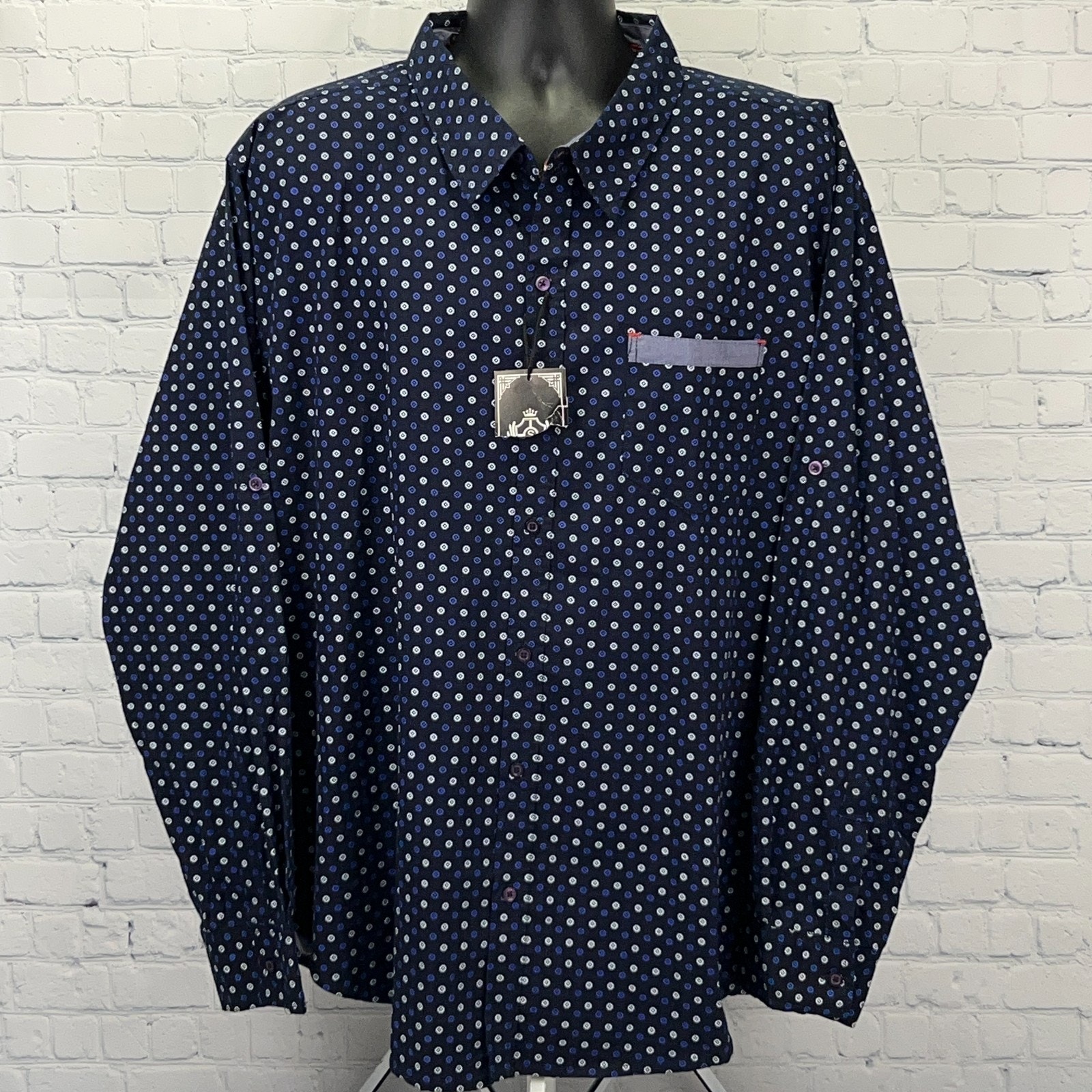 Silver Stone Shirt 3x 3xl Navy Blue Dot Pattern Button Front Roll Tab Sleeves — image 2 of 7